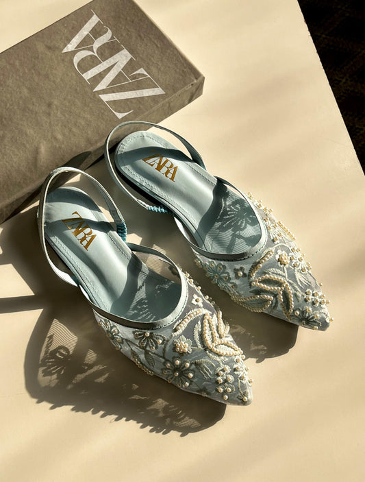 Embroidered Mesh Slingback Flats with Floral Beadwork Pumps β