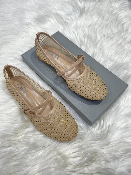 Rhinestone Embellished Mesh Ballet Flats Pumps