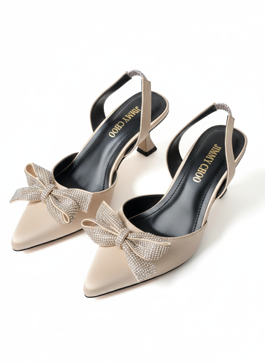 Crystal-Embellished Satin Slingback Bow Heel ✨