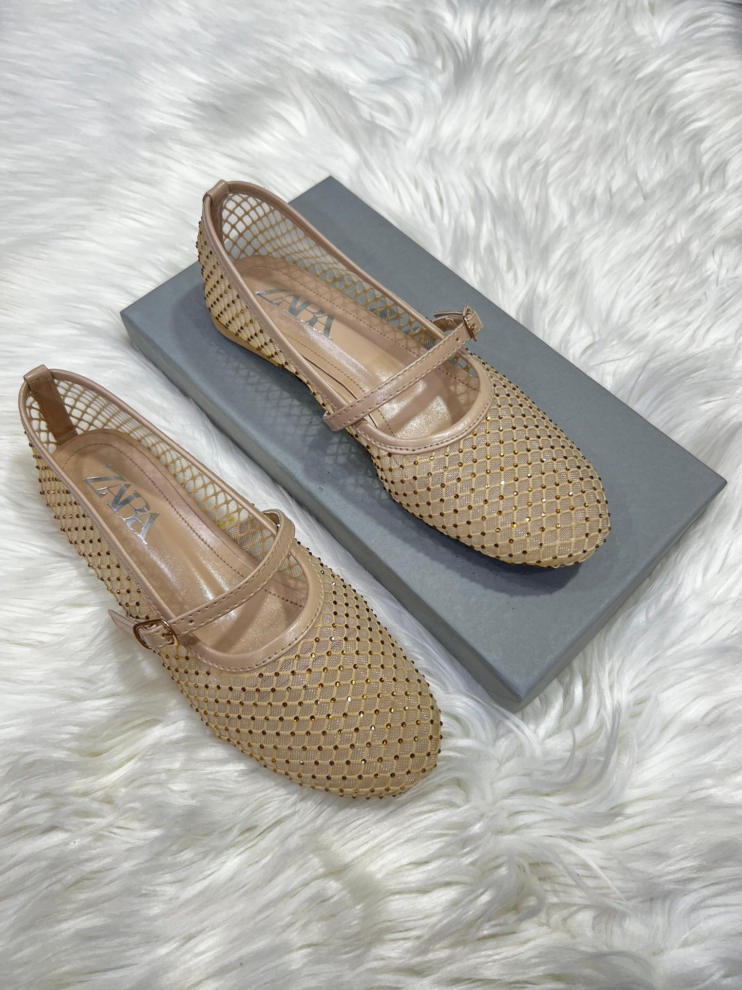 Rhinestone Embellished Mesh  Ballet Flats Pumps