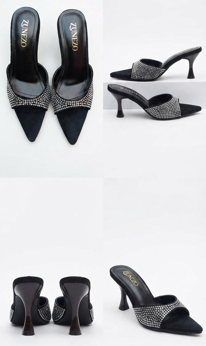 Sparkle Pointed Toe Mules Heel  #001