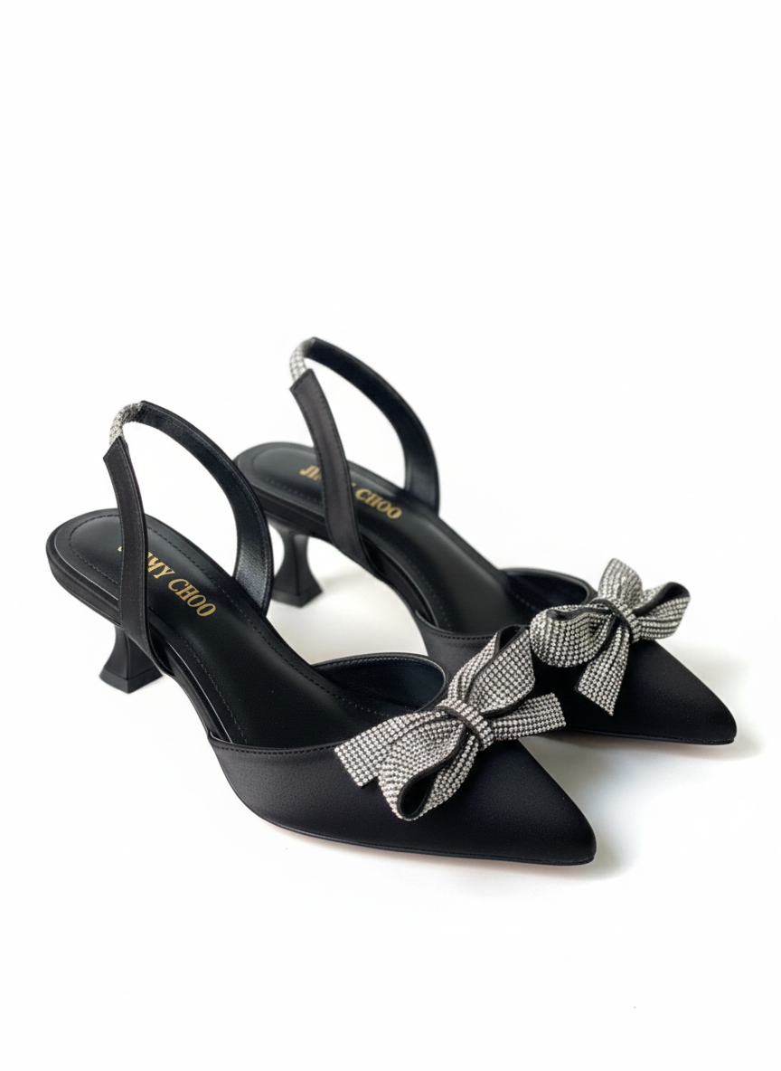 Crystal-Embellished Satin Slingback Bow Heel ✨