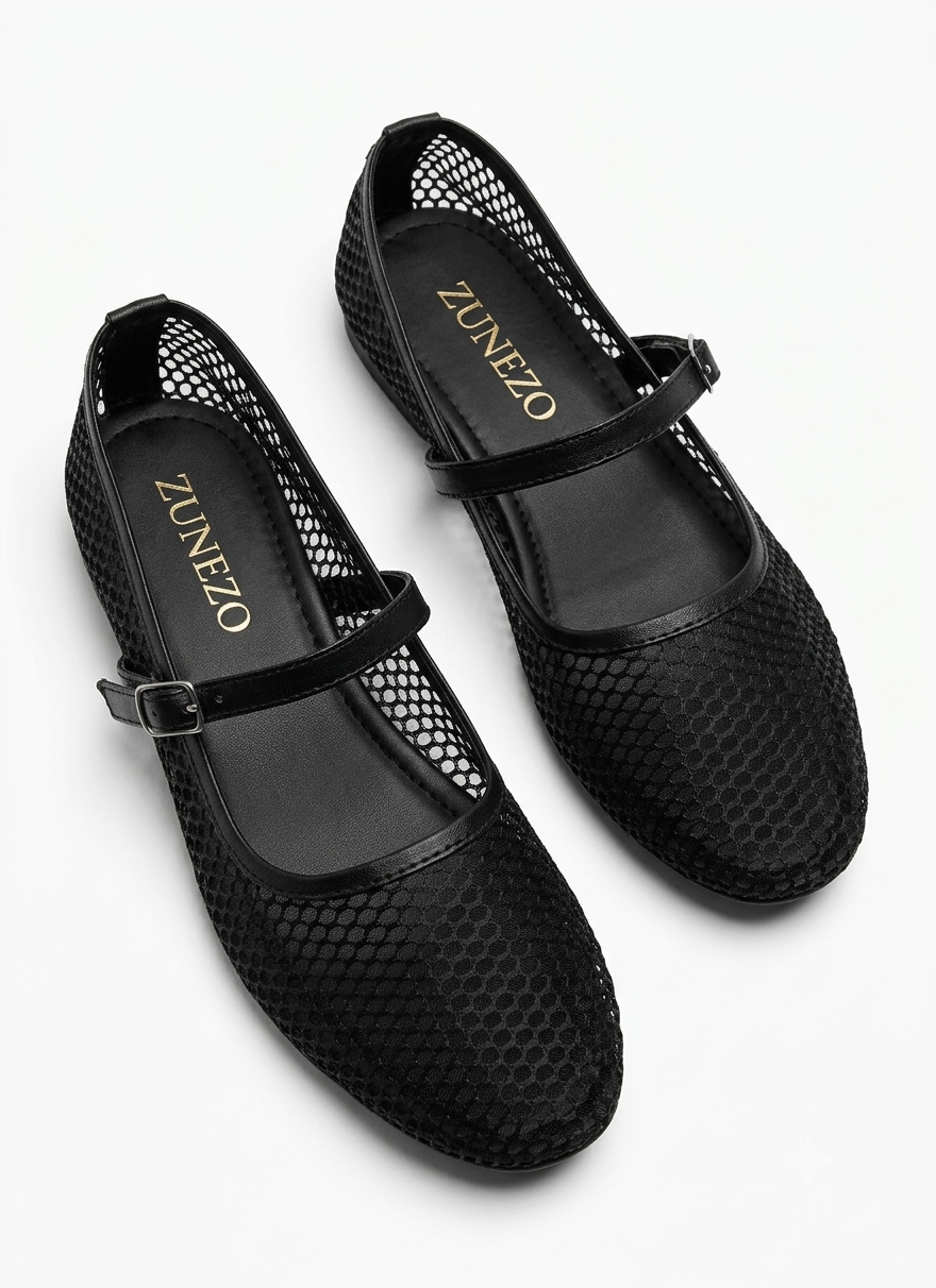 ZUNEZO Net   Buckle Ballet Flats Pumps 004